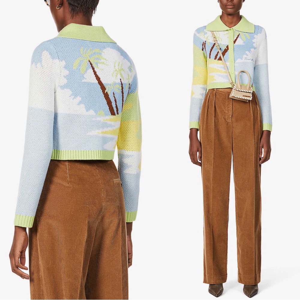 HOUSE OF SUNNY Lime Green Blue Tropical Knit Cropped Collared Cardigan Sweater - Picture 4 of 17